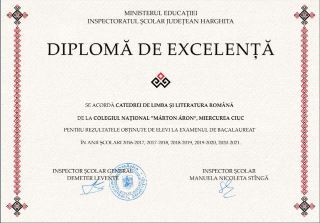 Diplom&#259; de excelen&#539;&#259; pentru rezultatele ob&#539;inute la proba scris&#259;  de  limba &#537;i literatur&#259; român&#259; la  examenele de bacalaureat